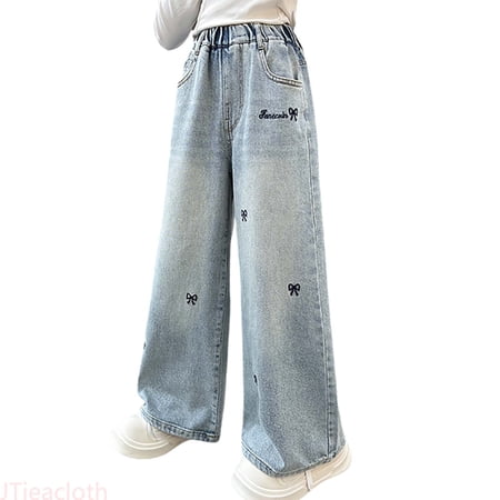 JTieacloth Girls Denim Pants Casual Girls Fashion Cute Personality Pants Elastic Waist Wide Leg Jeans Casual Demin Pants With Pockets Sizes 16-17 Years