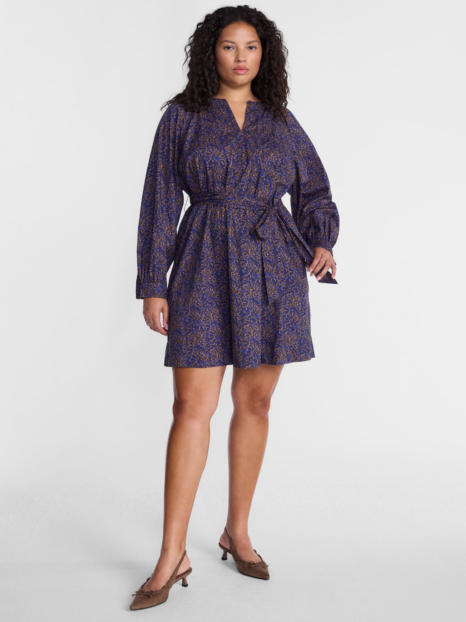 Terra & Sky Women's Plus Cotton Balloon Sleeve Tie Waist Tunic Dress, Sizes 0X-5X
