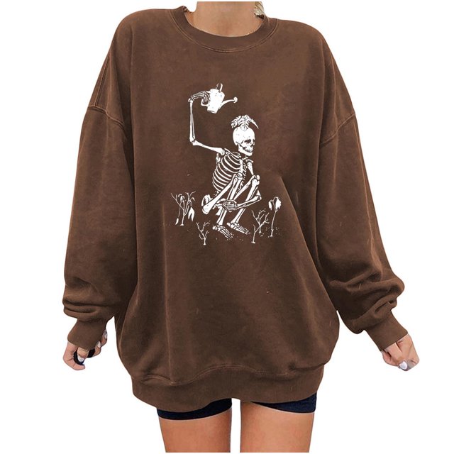 Moda mujer estampado manga larga cómoda transpirable cuello redondo camisa Tops Pompotops FGAJ7959