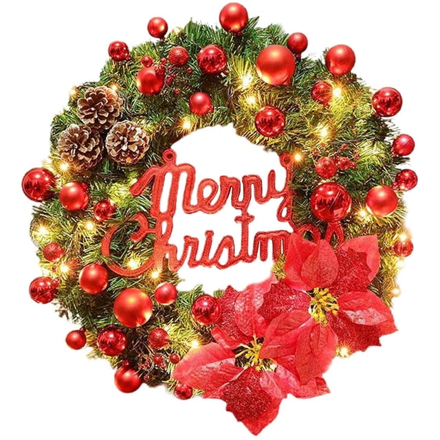 Corona navideña preiluminada de 16 pulgadas, corona navideña artificial para puerta con luces, flor de Pascua, piña y bolas, corona navideña para fiestas navideñas en casa