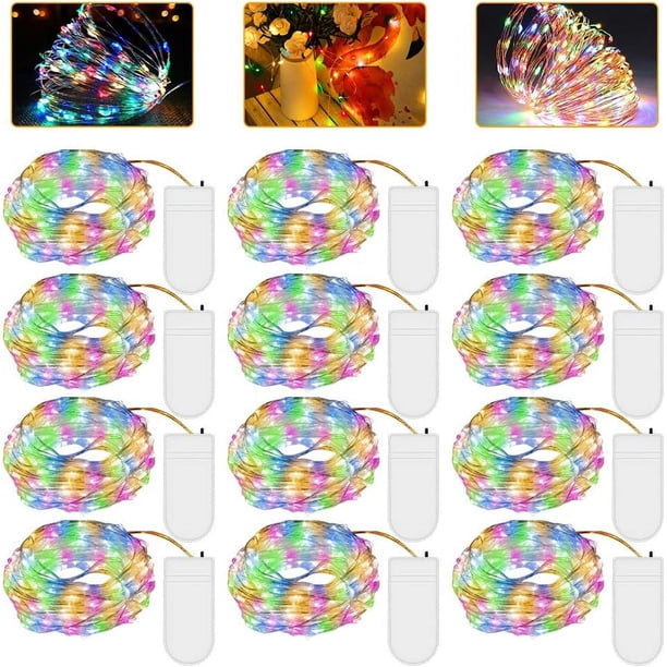 Cadena de luces LED con batería, 12 unidades, 2 m, 20 LED, microalambre de cobre, luces de Navidad coloridas que funcionan con batería para habitaciones, interiores, Navidad, exteriores, fiestas,