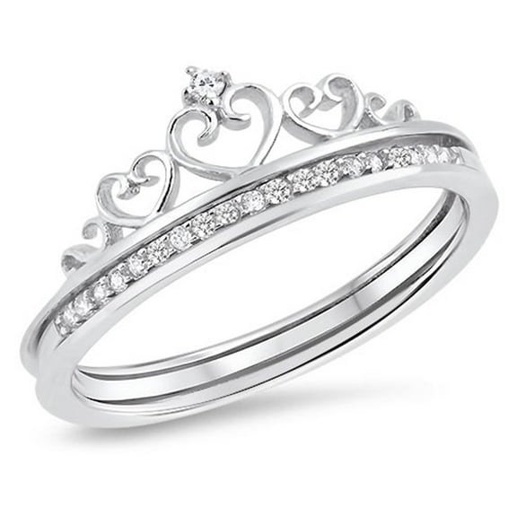 Heart Crown Clear CZ Promise Ring ( Sizes 5 6 7 8 9 10 ) Set New .925 Sterling Silver Band Rings (Size 10)