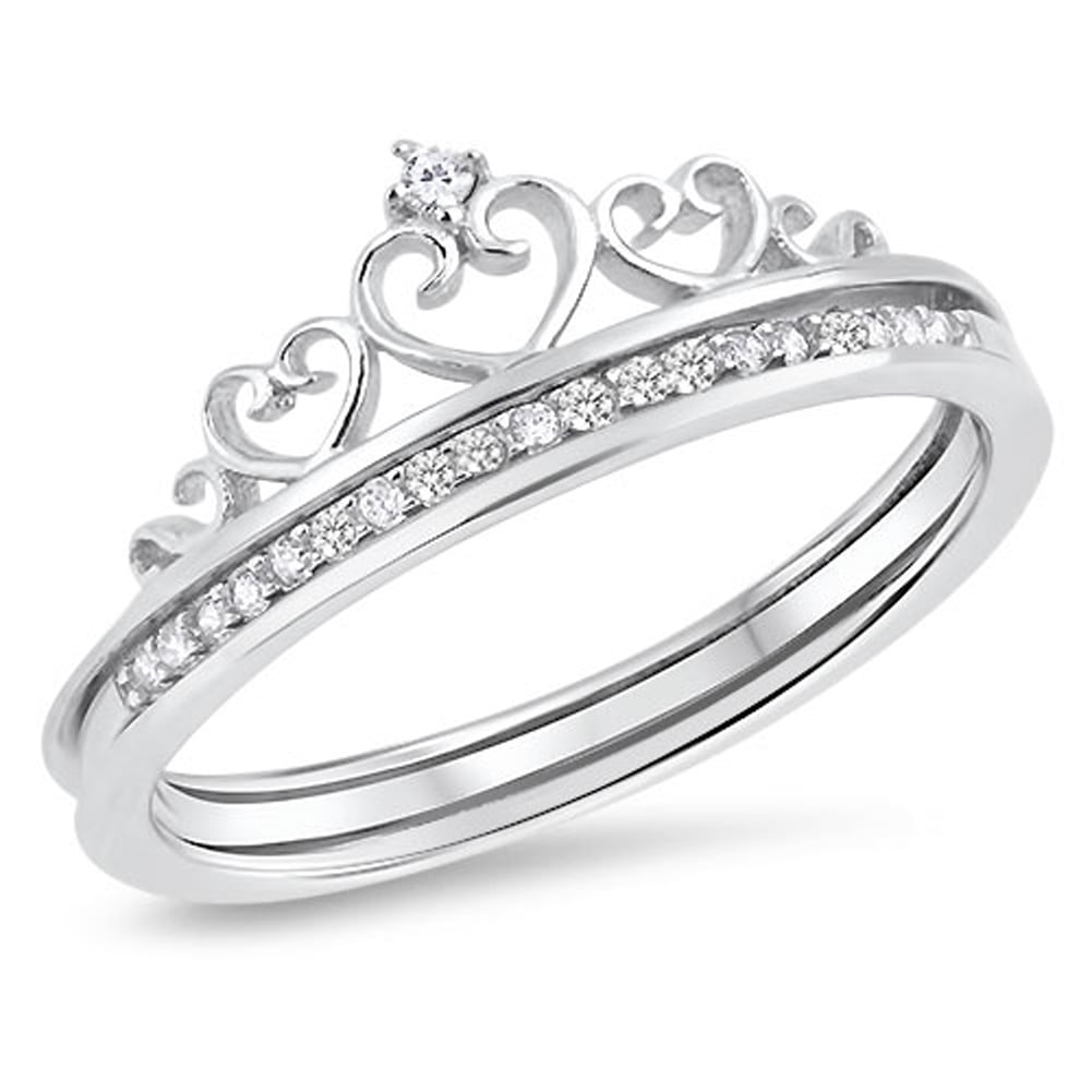 Heart Crown Clear CZ Promise Ring ( Sizes 5 6 7 8 9 10 ) Set New .925 Sterling Silver Band Rings (Size 10)