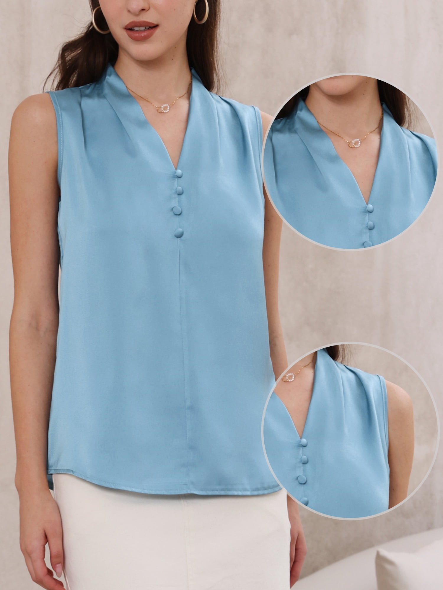 DARING DIVA Women's Satin Tank Top Sleeveless V Neck Business Satin Work Blouse L Blue