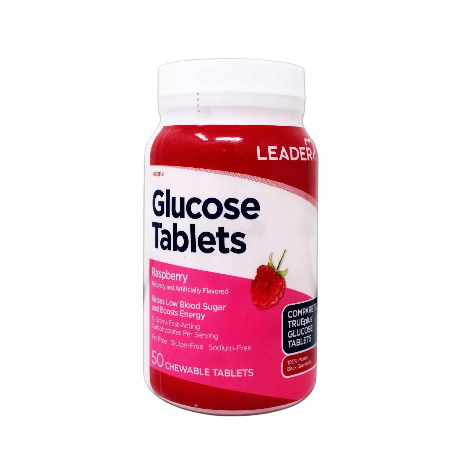 LEADER Glucose Tablets, Energy and Blood Sugar Support, Raspberry Flavor, 50 Chewable Tablets