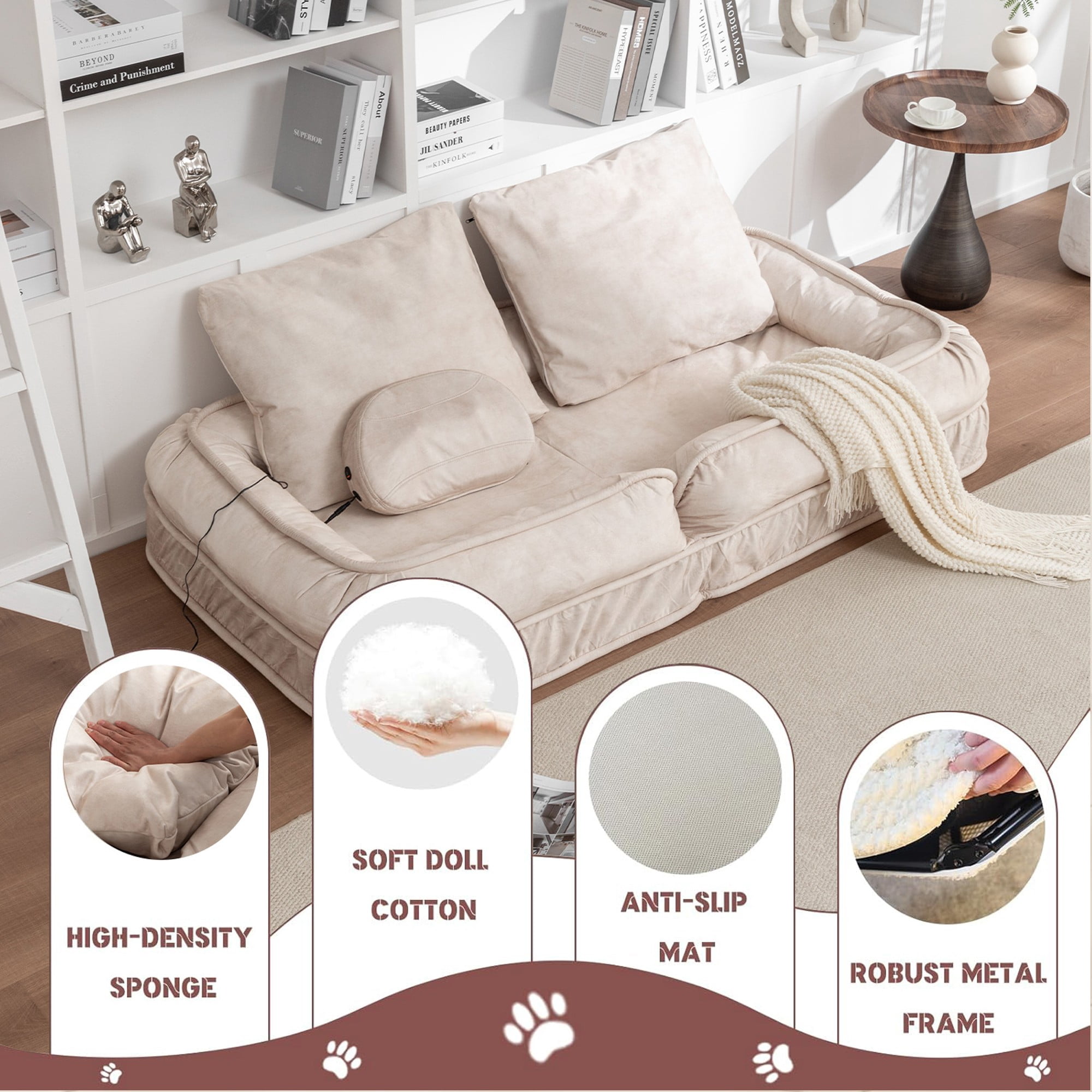 LEHZROAJ Velvet Upholstered Bean Bag Chairs,5-Position Adjustable 2 Soft Pillows Massage Floor Sofa,Multi-Functional Human Dog Bed for Living Room(Beige)