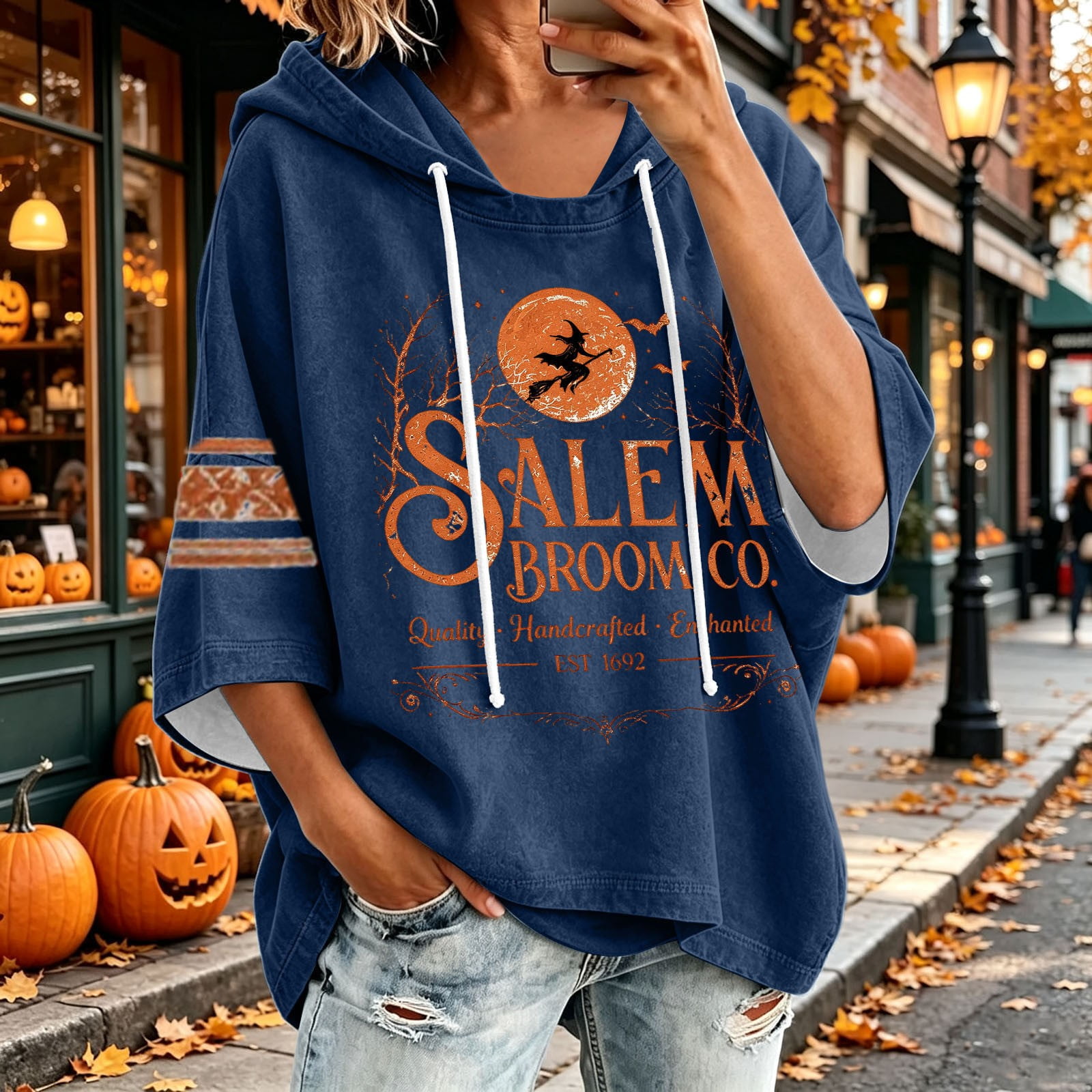 Hallwoeen Hoodies Women s Funny Vintage Witch Graphic Pullover Tops Casual Loose 3/4 Sleeve Sweatshirt Fall Outfits(03_Blue XXL)
