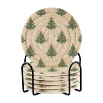 6 Pcs Drink Coasters with Holder 3.94in Woven Coasters for Drinks Motifs Christmas Tree Pattern Coaster Set for Protection Table