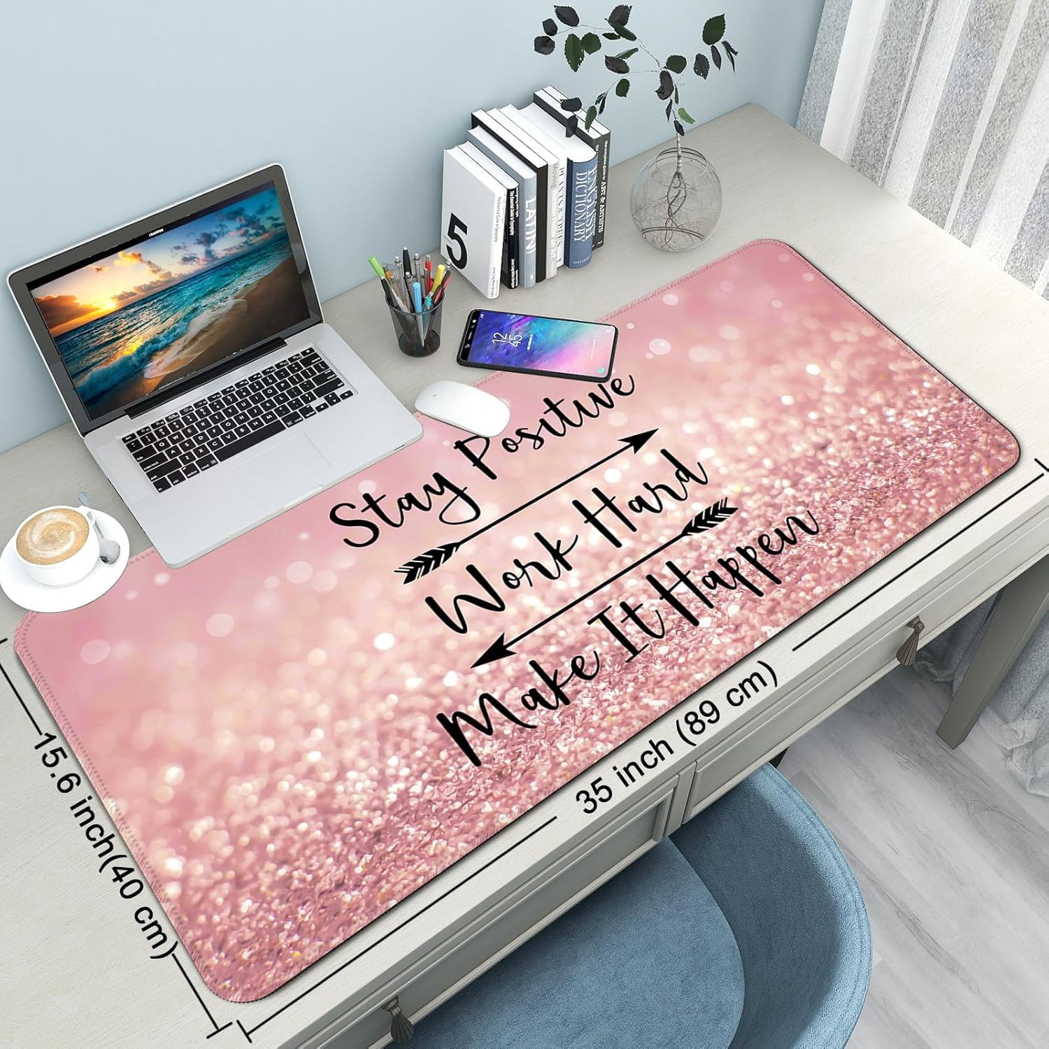 Pink Stay Positive XXL Extended Gaming Mouse Pad - Large Desk Mat with Non-Slip Base, Stitched Edges, Perfect for Computer, Office, Keyboard, Laptop, 35"x15.6"