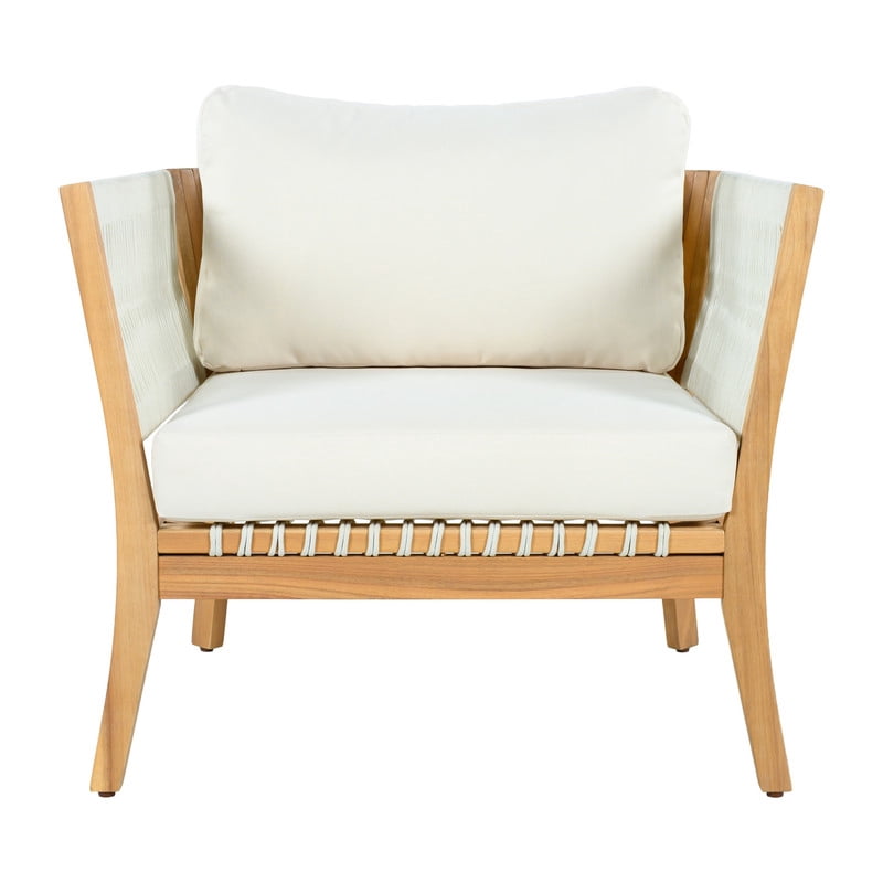 1Pcs Outdoor Acacia Wood Dining Chair with Woven Rope Armrests, Weather-Resistant Modern Accent Armchair with Thick Cushions