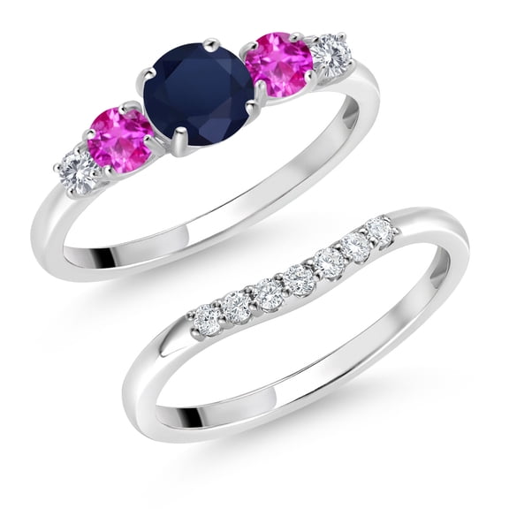 Gem Stone King 10K White Gold Blue Sapphire Pink Sapphire and White Lab Grown Diamond 5 Stone Bridal Engagement Wedding Ring Set for Women (0.97 Cttw, Round: 5MM and 3MM, Size 5)