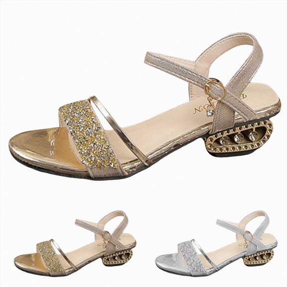 Women's Low Block Chunky Heels Sparkly Rhinestones Open Toe Ankle Strap Sandals Fashion Dress Pumps Shoes for Party Wedding Silver Size 7