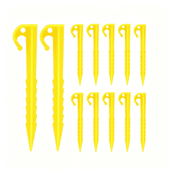 MISSMILE 12 Pack Plastic Tent Stakes,5.7 " Yellow | Serrated Edges,Durable Garden Landscape Stakes,Tent Spikes Hook,For Camping,Gardening,Outdoor Beach