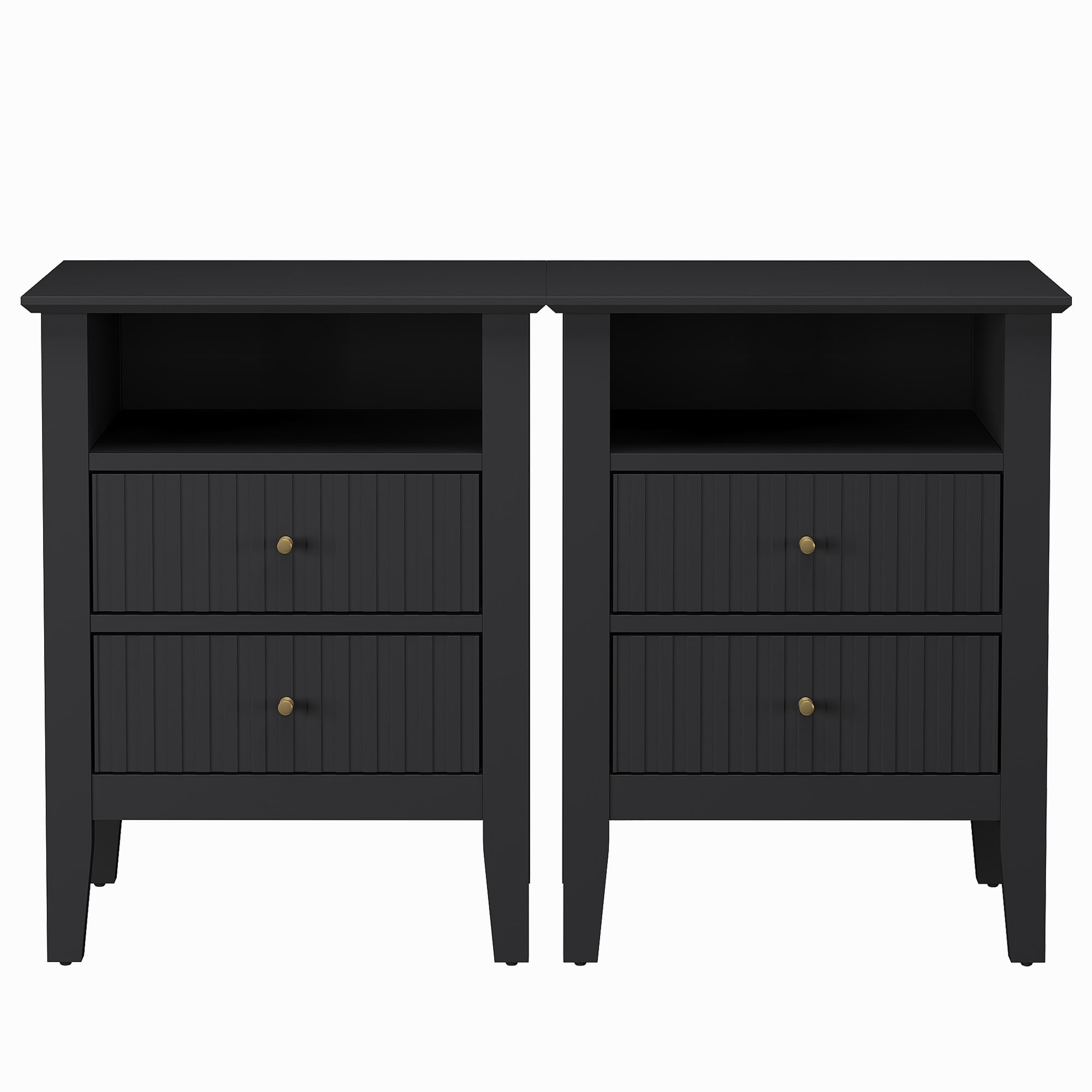 CozyHome Fluted Nightstand Set of 2, Modern Side Table with 2 Drawers and Storage Shelf, for Bedroom, Living Room, Black