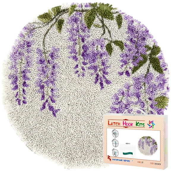 Latch Hook Rug Kit Wisteria Flowers Stamped Handmade Round Shape Carpet Crochet Yarn Craft DIY Hook and Latch Door Mat Tapestry for Home Floor Decor 50x50cm(3)