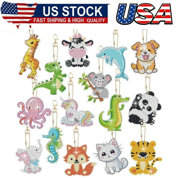 15 PCS Diamond Keychains Animal Diamond Art Ornaments Double Side Diamonds Key