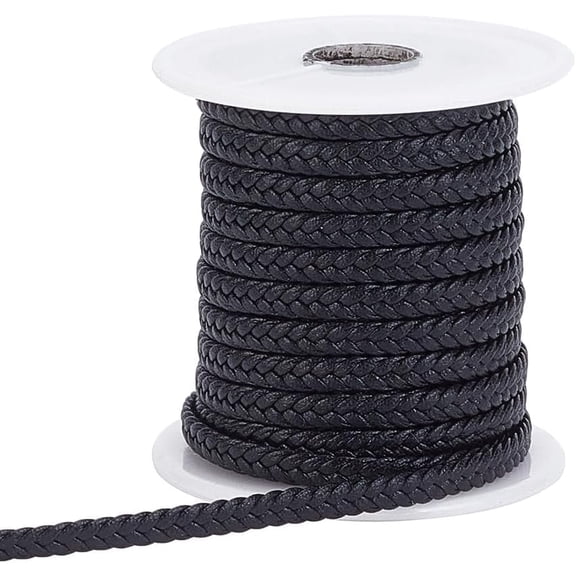 10.94 Yards(10m) Leathers Cord, 9mm Wide Black 8-Ply Plaited Folded Bolo Tie Cord String Flat Round PU Leathers String Ropes with Spool for DIY Bracelet Necklace Jewelry