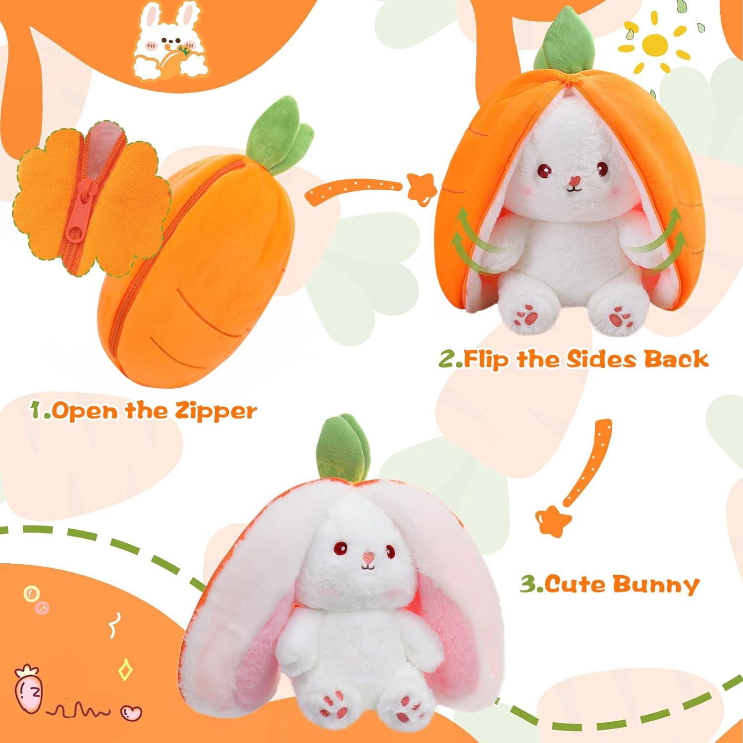 13.7 inch Easter Bunny Stuffed Animal, Kawaii Squishy Cute Easter Bunny Plush Turn Into Rabbit Fruit Doll Carrot Strawberry Pillow, Plushies Funny Bunny Toy for Baby