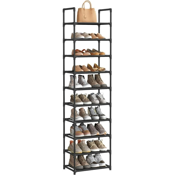 SONGMICS Zapatero, Organizador Zapatos,10 Baldas, Zapatero Abierto Estrecho, 28 x 45 x 173 cm, Marco de Metal, Estantes de Tela no Tejida, para Pasillo, Dormitorio, Negro LSH010B02