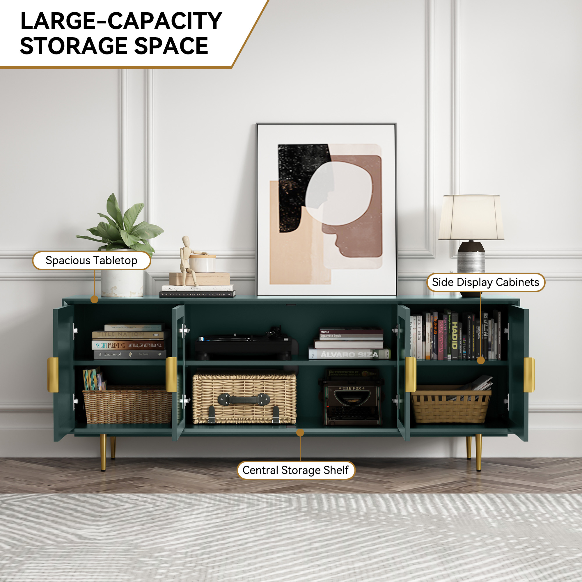 HLR 66" Modern TV Stand with Glass Storage, Green photo 8