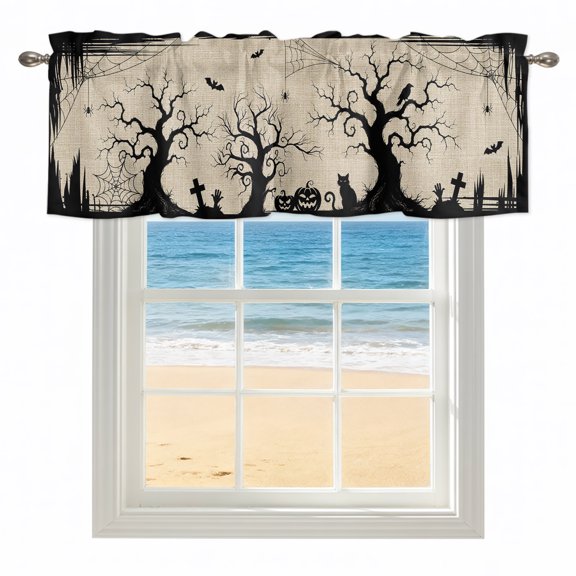 Halloween Kitchen Valances for Windows 54x18 Inch Kitchen Curtains Valances Rod Pocket Black Ghost Trees Bats Cats Rustic Fall Beige Bathroom Window Valances for Window Treatment Decor