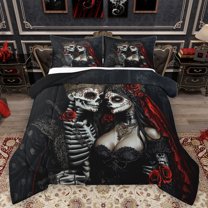 Feelyou Romantic Skull Bride Queen Comforter Set, Red Rose Anniversary Bedding Sets, Gothic Couple Theme Reversible Bedding Comforter Set, Luxury Bedroom Decor, 3pcs