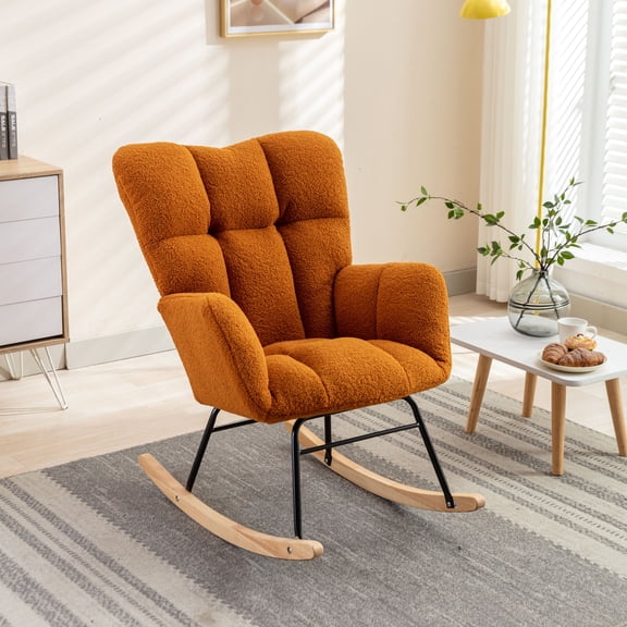 Noble House Takala 31" Teddy Fabric Rocking Glider Nursery Chair, Upholstered Accent Armchair for Living Room, Caramel