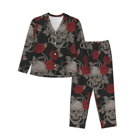 Cauagu Skull and Red Roses Print Women s Long-Sleeve Pajamas Set Soft Pj Lounge Sets Button Down Sleepwear for Women 2 Piece Pjs Set with Long Pants-X-Large
