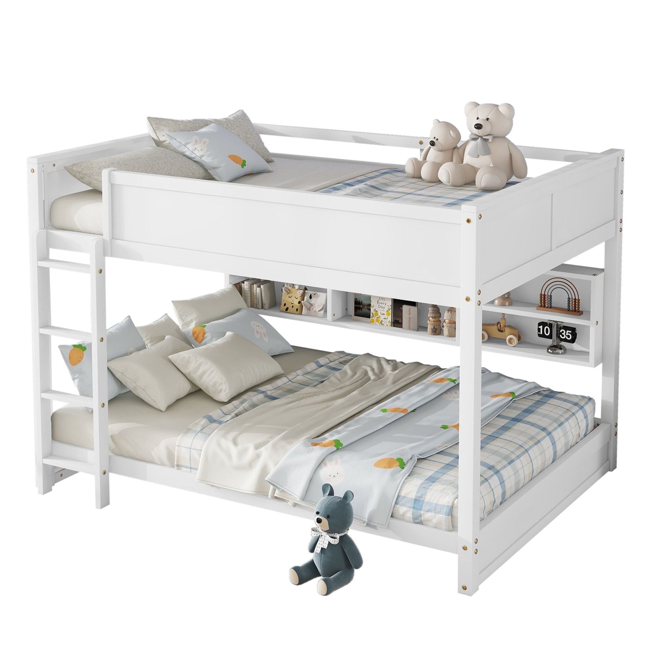 Noble House Queen Over Queen Bunk Bed, Solid Pine Wood Frame with Storage Cabinets and Charging Station, White