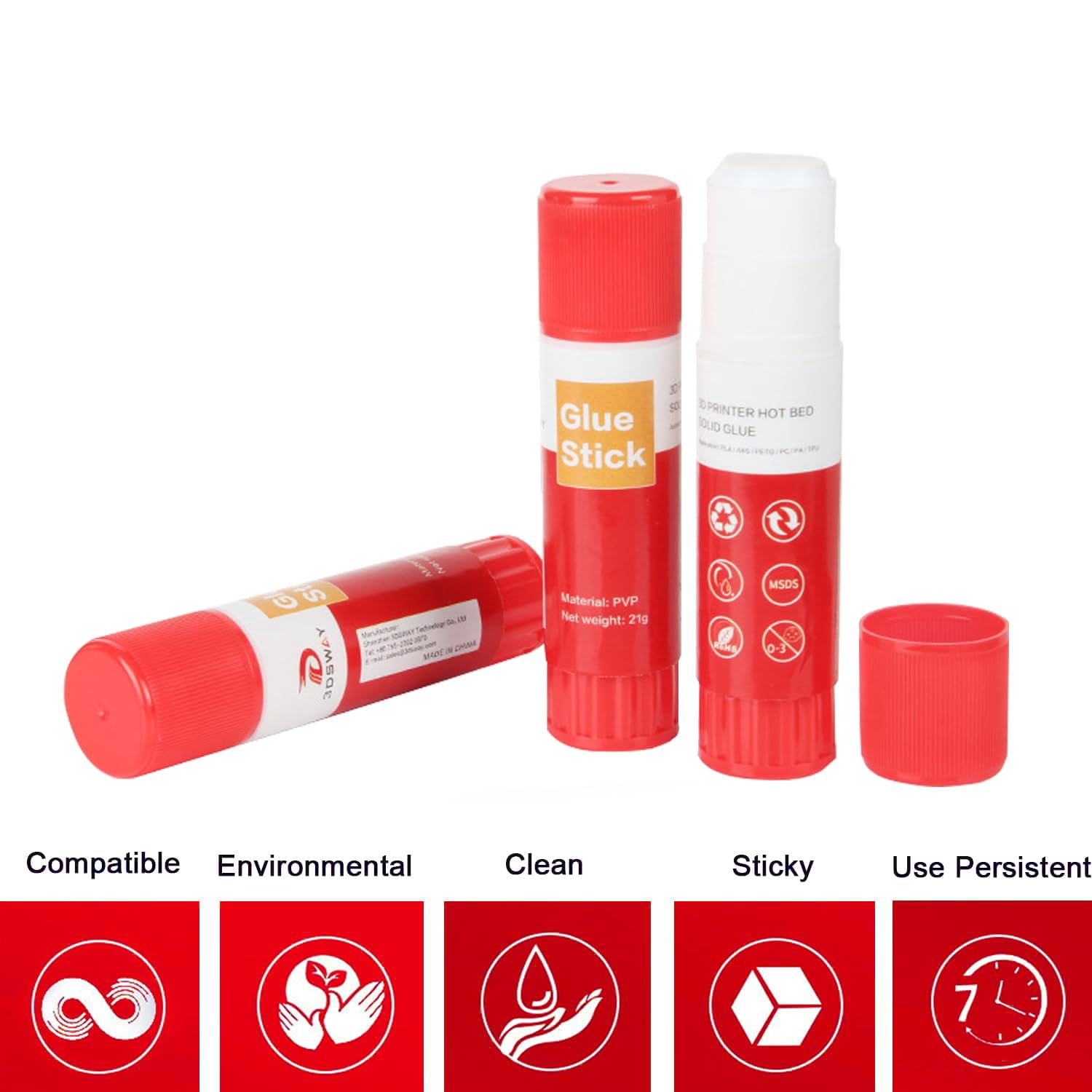 3D printer glue stick – heat bed solid glue, prevents warping, easy release & washable, compatible,,,, consumables and various build platforms (red)