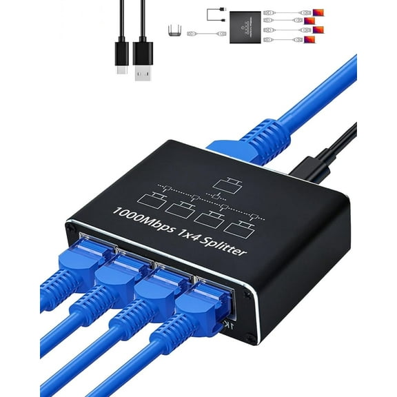 Duomigo Ethernet Splitter 1 to 4, 1000Mbps High-Speed Network Distributor with USB Power, Supports 4 Devices Simultaneously
