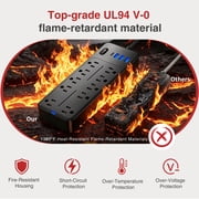 Larmtek 10-Outlet Surge Protector Power Strip with 4 USB Ports - 15 ft Extension Cord, Plug & Computer Safe,Black