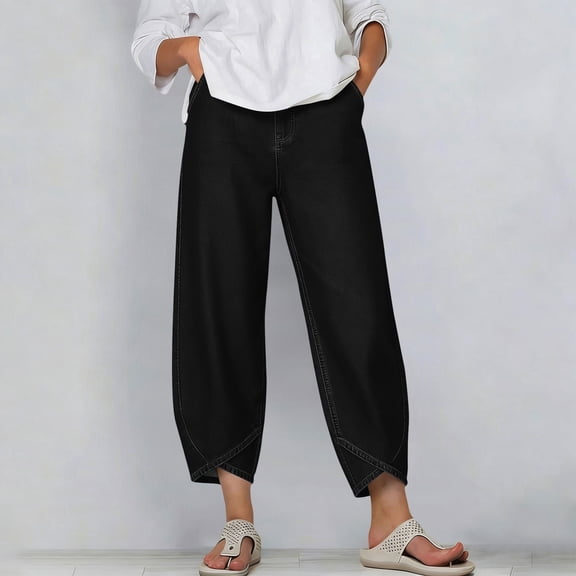 Cutuoiiu Women Comfortable High Waist Petal Hem Cropped Pants with Pockets Everyday Wear Trousers Gifts