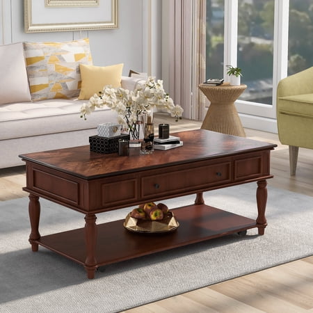 Highsound 47" Wooden Coffee Table, Modern Rectangle Cocktail Table with Drawer and Storage Shelf & Wheels for Livingroom/Office, Deep Brown