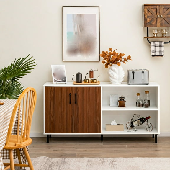 Auranook Modern Buffet Sideboard, Storage Cabinet with 2 Doors and Open Compartments Walnut