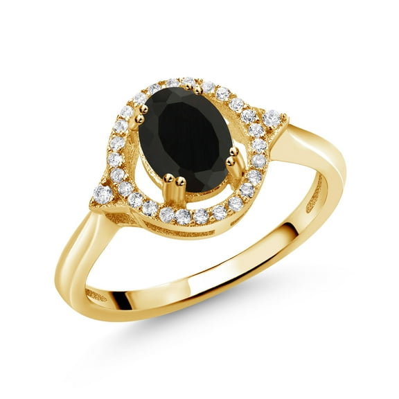 Gem Stone King 1.04 Ct Oval Black Onyx 18K Yellow Gold Plated Silver Ring (Size 5)