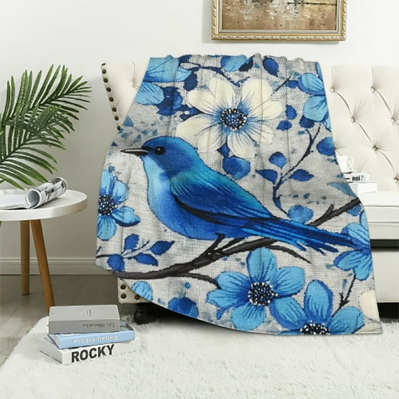 Autua Blue Bird Flowers Flannel Throw Blanket for All Seasons 40x50in