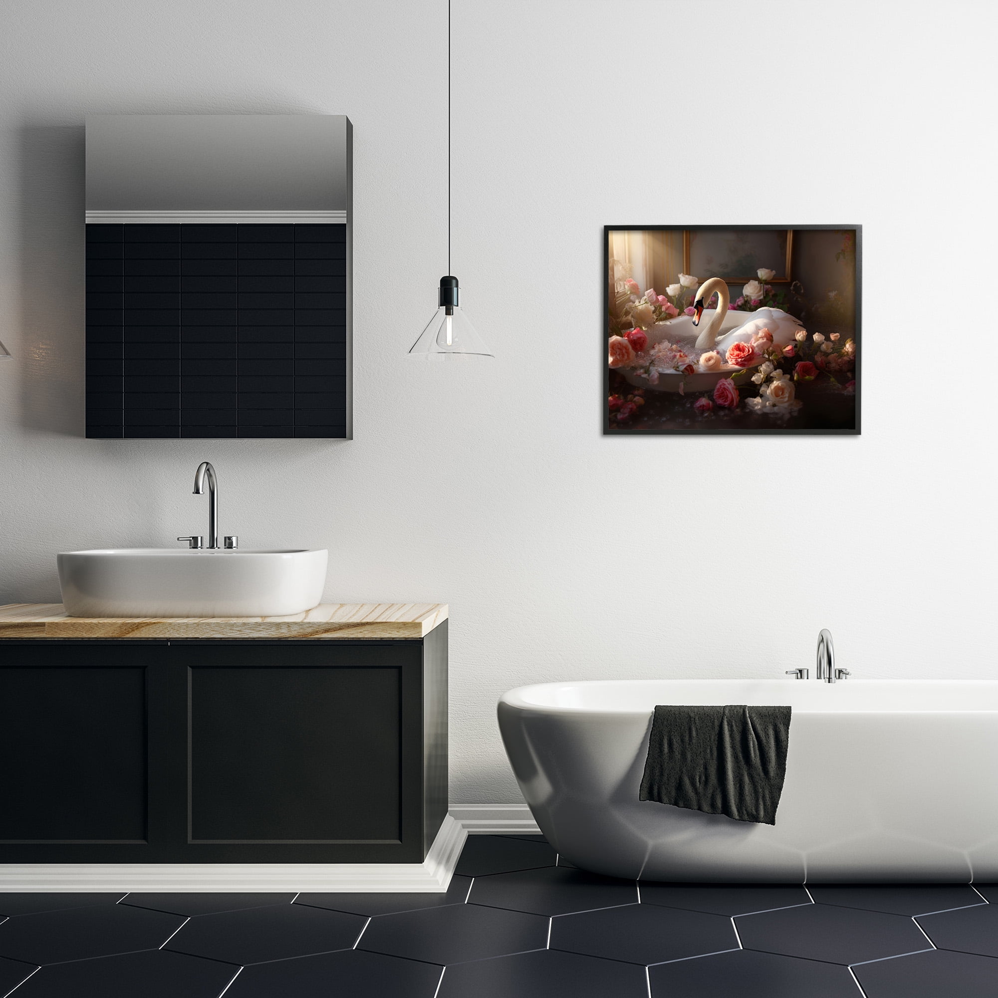 Stupell Industries Swan & Bathroom Roses Animals & Insects Painting Black Framed Art Print Wall Art, 30 x 24