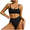 thumbnail image 2 of Honeeladyy Womens Bikini Sets Two Piece Swimsuit Solid Color Mid Rise Bottom Scoop Neck Tank Top Textured Swimwear Black L, 2 of 4