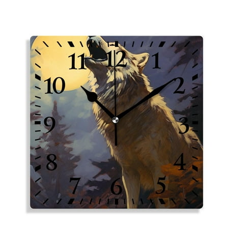 10 Inch Wall Clock Battery Operated Silent Clock Decorative for Office, Kitchen, Outdoor, Living RoomWolf Full Moon Mountain Top Cloud Sky Tree forest Picture