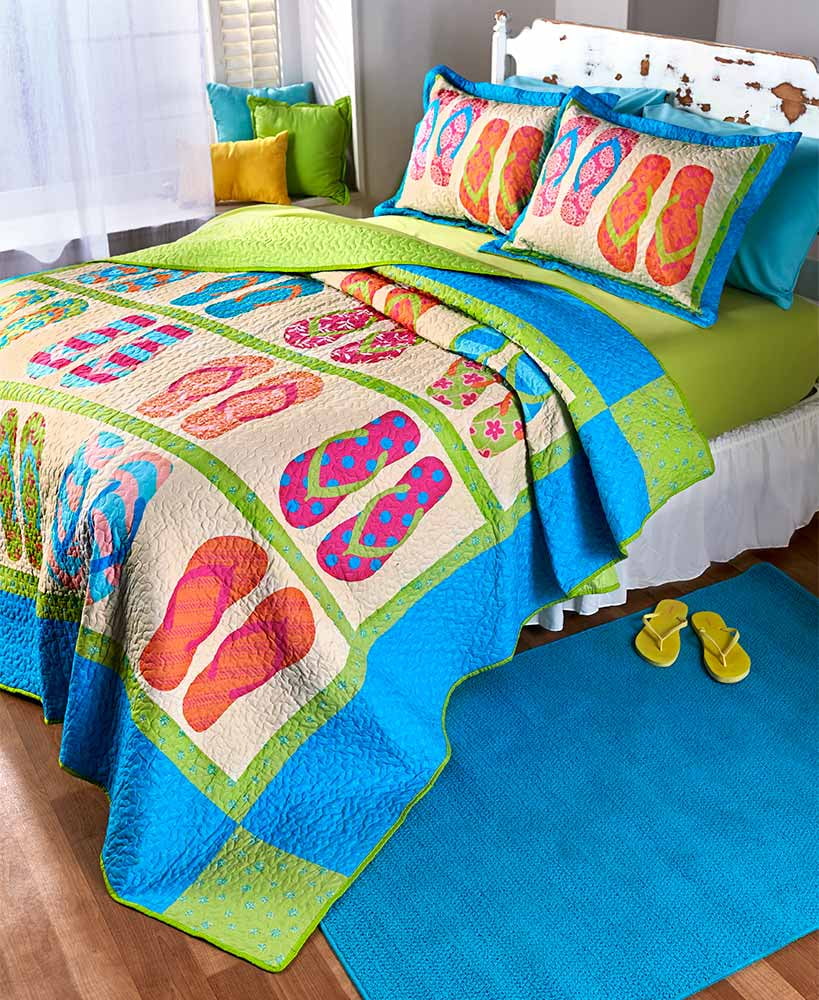 Flip Flop Colorful Summer Beach Full/Queen Quilt With Matching Shams 3