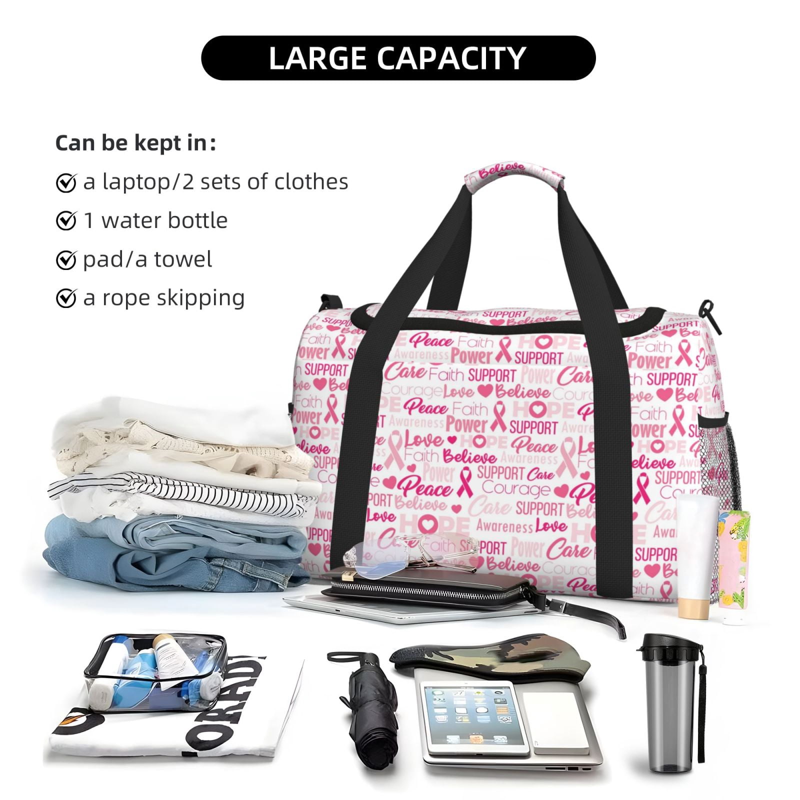 Fuzoiu Breast Cancer Ribbons Awareness Print Travel Duffle Bag,Carry On Tote Bags,Duffel Bag,Sport Gym Bag, Hospital Bag for Labor and Delivery, Overnight Bag,Luggage Bag