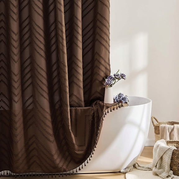 Brown Tufted Chevron Striped Fabric Shower Curtain, 72"W x 72"L, 1 Pack