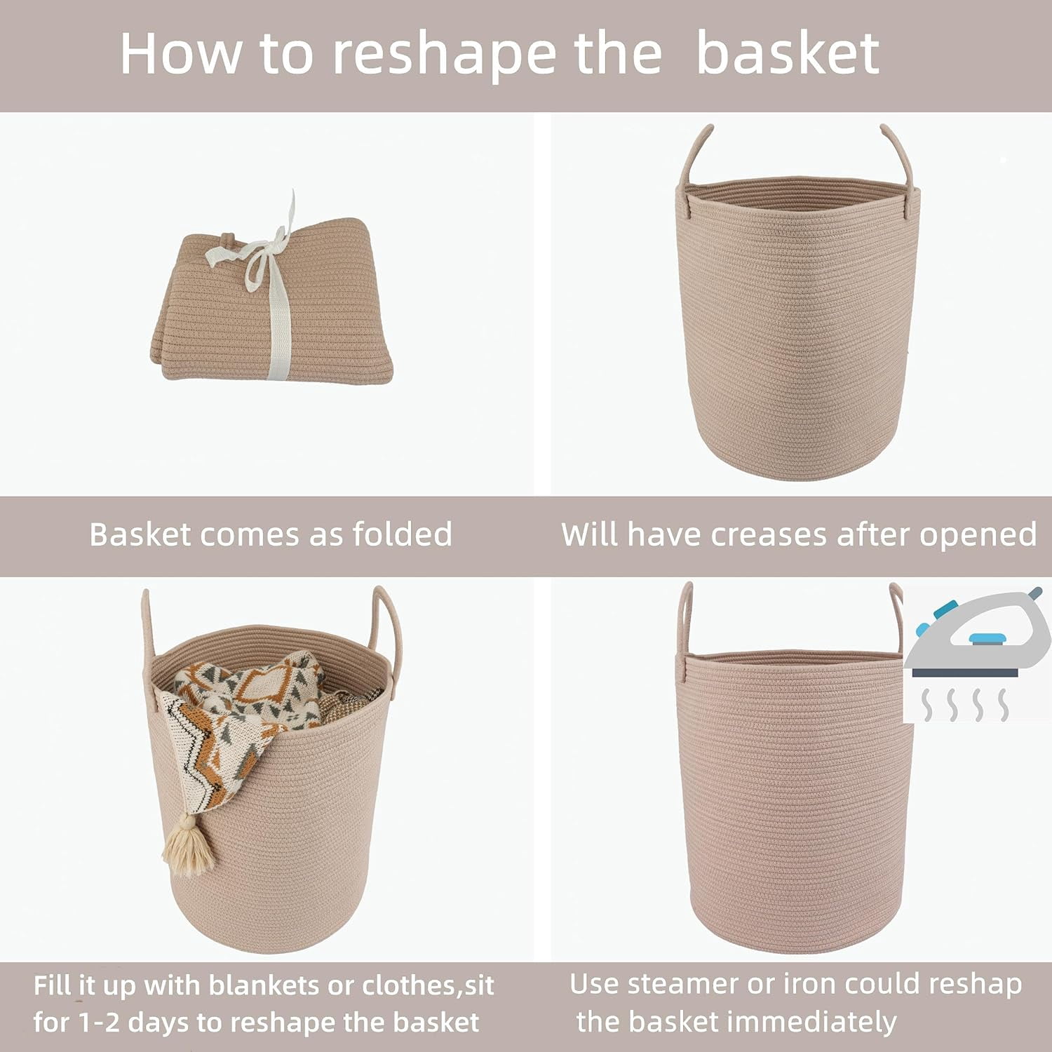 WarmHaven Cotton Rope Laundry Basket Hamper for Clothes Woven Storage Basket for Living Room Bedroom Boho Tall Rope Baskets for Blanket Toys Pillow Towels Baby Nursery Hamper Bin Konjac