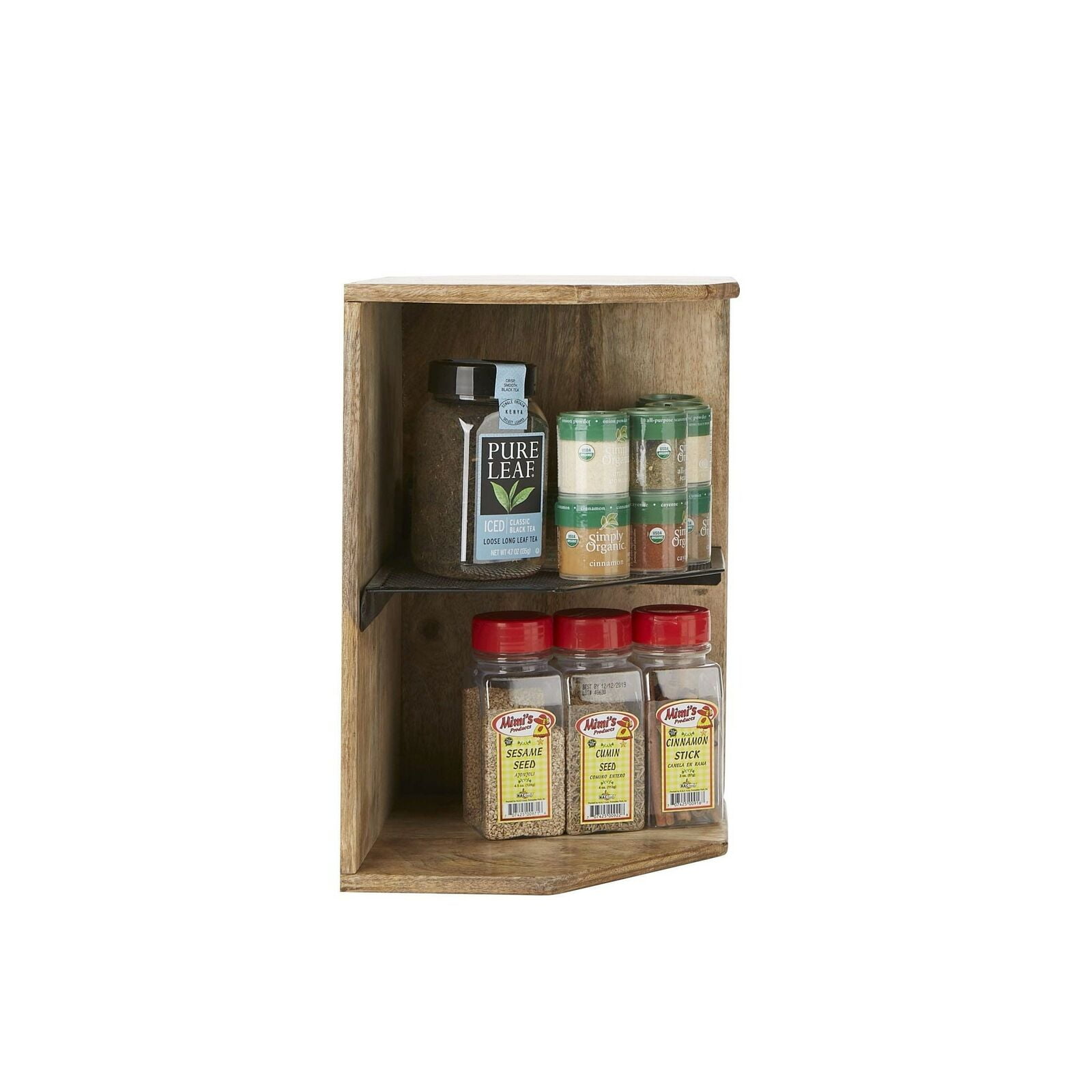 Storage Spice Rack Iron 2 Tier Shelf Mind Reader 2WISH-BRN Mango Wood Brown Kitchen Corner Organizer Living Area