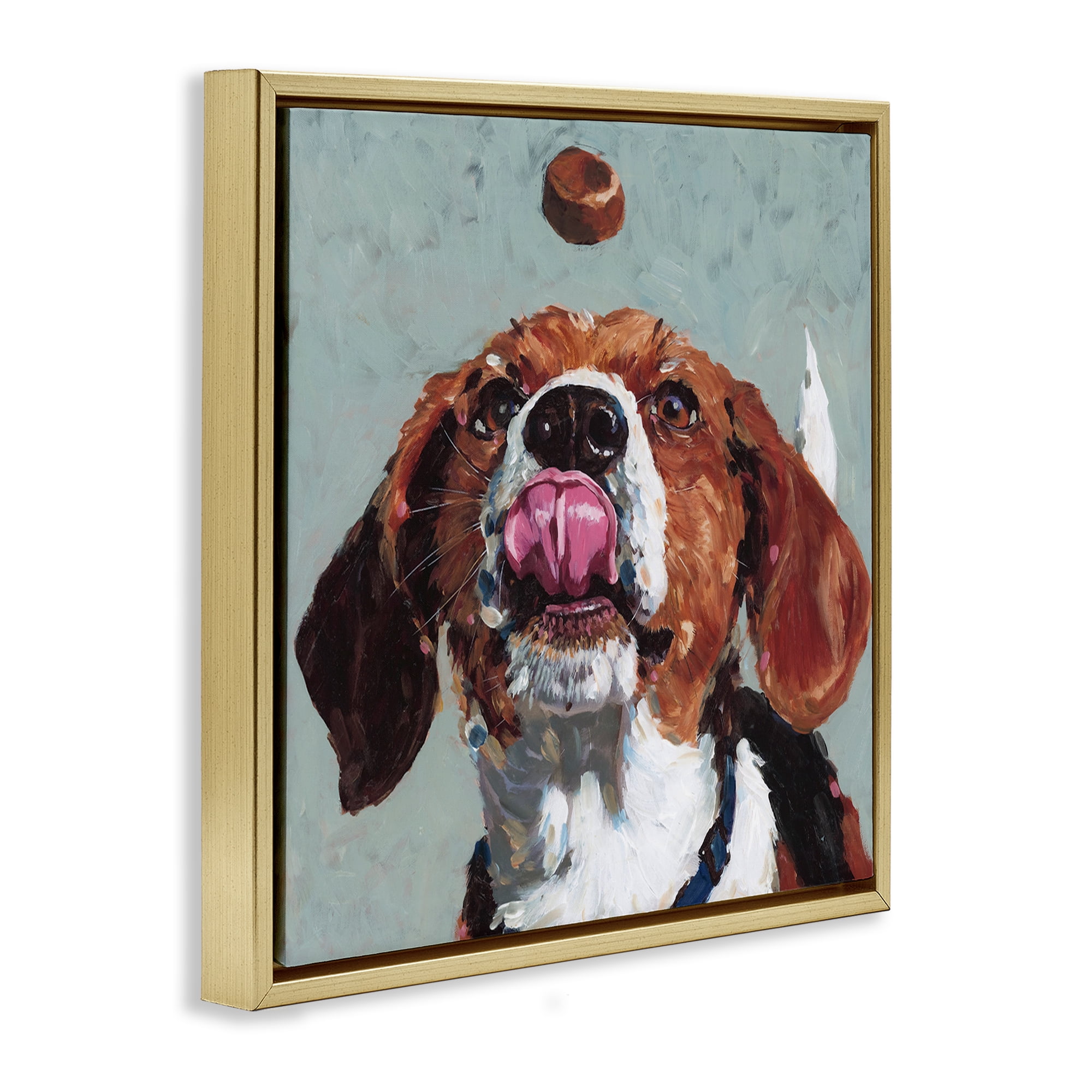 Stupell Industries Beagle Treat Excitement Gold Framed Floater Canvas Wall Art, design by Studio Bautista