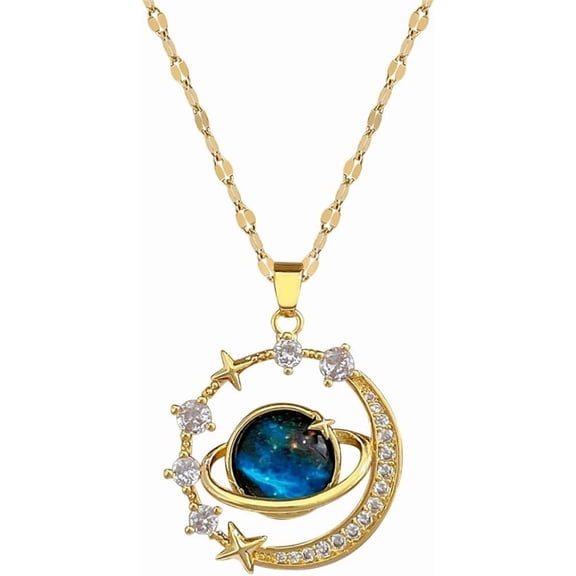Crystal Moon Star Celestial Pendant Necklace for Women 14K Gold Plated Stainless Steel Round Blue Charms Link Chain Adjustable Necklaces Delicate Birthday Holiday Jewelry BFF Gift 18"