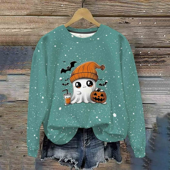 Neewe Crewneck Halloween Sweatshirt Women Round Neck Casual Oversized Pullover Hoodies Long Sleeve Blouse Tops