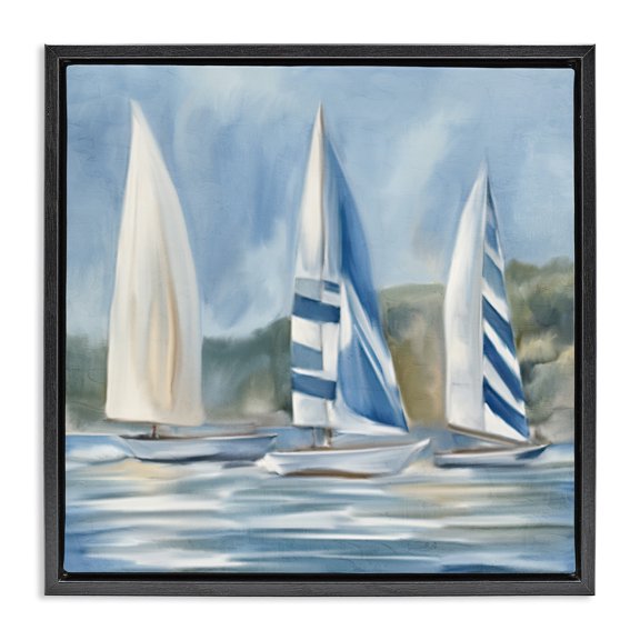 Stupell Industries Sailboat Trio Drifting Coastal Painting Black Floater Framed Canvas Art Print Wall Art, 18 x 18