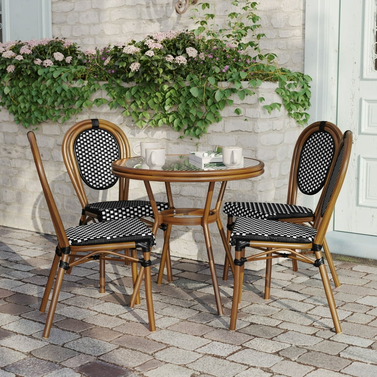 Flash Furniture Indoor Outdoor Commercial Bistro 31.5 Table Black and White PE Rattan Glass Top with 4 Stack Chairs Walmart
